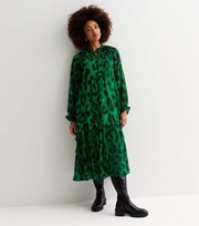 New Look Green Animal Print Tie Collar Long Sleeve Chiffon Midi Dress